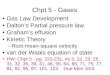 Chpt 5 - Gases Gas Law Development Daltons Partial pressure law Grahams effusion Kinetic Theory –Root-mean-square velocity van der Waals equation of state