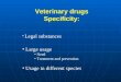 Veterinary drugs Specificity: Legal substances Large usage Need Treatment and prevention Usage in different species