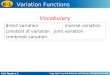 Holt Algebra 2 8-1 Variation Functions direct variationinverse variation constant of variationjoint variation combined variation Vocabulary