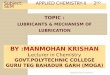 TOPIC : LUBRICANTS & MECHANISM OF LUBRICATION Subject: APPLIED CHEMISTRY-II 2 ND SEM 1 B Y :M ANMOHAN K RISHAN L ecturer in Chemistry G OVT. POLYTECHNIC
