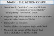 MARK – THE ACTION GOSPEL Greek word – euthios – occurs 38 times Translated as immediately, straightway, forthwith, anon No genealogy, birth details – but