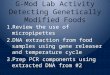 G-Mod Lab Activity Detecting Genetically Modified Foods 1.Review the use of micropipettes 2.DNA extraction from food samples using gene releaser and temperature