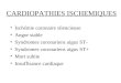 CARDIOPATHIES ISCHEMIQUES Ischémie coronaire silencieuse Angor stable Syndromes coronariens aigus ST- Syndromes coronariens aigus ST+ Mort subite Insuffisance