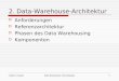 Sattler / SaakeData-Warehouse-Technologien1 2. Data-Warehouse-Architektur Anforderungen Referenzarchitektur Phasen des Data Warehousing Komponenten