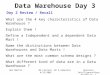 Business Intelligence/Data Warehouse, 1 Ben MartinBA Lörrach, WI 4.Semester 4/21/2002 Data Warehouse Day 3 Day 2 Review / Recall What are the 4 key characteristics
