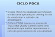 CICLO PDCA O ciclo PDCA foi idealizado por Shewart e mais tarde aplicado por Deming no uso de estatísticas e métodos de amostragem. O ciclo PDCA foi idealizado