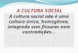 A CULTURA SOCIAL A cultura social não é uma cultura única, homogênea, integrada sem fissuras nem contradições... 1