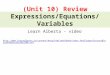Learn Alberta - video  (Unit 10) Review Expressions/Equations/Variables