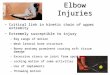 Elbow Injuries Critical link in kinetic chain of upper extremityCritical link in kinetic chain of upper extremity Extremely susceptible to injuryExtremely