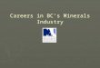 Careers in BC’s Minerals Industry. Mining in British Columbia 2009 11 Metal Mines 10 Coal Mines >35 major Industrial Mineral Operations >1100 Aggregate