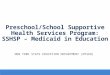Preschool/School Supportive Health Services Program: SSHSP – Medicaid in Education NEW YORK STATE EDUCATION DEPARTMENT (NYSED)