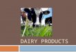 DAIRY PRODUCTS. Dairy Products  Essential as beverages as well as key ingredients in many dishes  Cheese is an important food served by itself or as