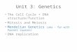 Unit 3: Genetics The Cell Cycle + DNA structure/function Mitosis and Meiosis Mendelian Genetics (aka - fun with Punnett squares) DNA replication