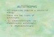 AUTOTROPHS All organisms require a source of energy. There are two types of autotrophs: 1. Chemoautotrophs (or chemotrophic autotroph), 2. Photoautotrophs