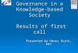 Citizens and Governance in a Knowledge-based Society Results of first call Presented by Henry Scott, EKT
