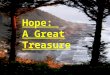 Hope: A Great Treasure. What Is Hope? The expectation of something promised. The reality of something becoming real. Acquiring what we want. Hope becomes