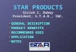 STAR PRODUCTS Girish C. Dubey President, S.T.A.R., INC. GENERAL DESCRIPTION PRODUCT BENEFITS RECOMMENDED USES APPLICATIONNOTES
