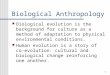 1 Biological Anthropology Biological evolution is the background for culture as a method of adaptation to physical environmental conditions. Human evolution