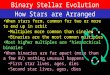 Binary Stellar Evolution How Stars are Arranged When stars form, common for two or more to end up in orbit Multiples more common than singles Binaries