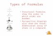 Atoms, Molecules, and Ions Types of Formulas Structural formulas show the order in which atoms are bonded. Perspective drawings also show the three-dimensional