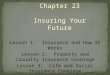 Chapter 23 Insuring Your Future Lesson 1: Insurance and How It Works Lesson 2: Property and Casualty Insurance Coverage Lesson 3: Life and Social Insurance