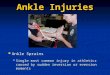 Ankle Injuries Ankle Sprains Ankle Sprains Single most common injury in athletics caused by sudden inversion or eversion moments Single most common injury