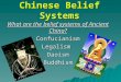 Chinese Belief Systems What are the belief systems of Ancient China? ConfucianismLegalismDaoismBuddhism
