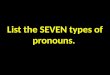 List the SEVEN types of pronouns.. Types of Pronouns 1.Personal 2.Reflexive 3.Intensive 4.Demonstrative 5.Interrogative 6.Indefinite 7.Relative