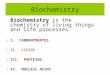 Biochemistry Biochemistry is the chemistry of living things and life processes. I. CARBOHYDRATES II. LIPIDS III. PROTEINS IV. NUCLEIC ACIDS