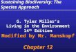 Sustaining Biodiversity: The Species Approach G. Tyler Miller’s Living in the Environment 14 th Edition Modified by Mr. Manskopf Chapter 12 G. Tyler Miller’s