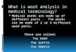 What is word analysis in medical terminology?  Medical words are made up of different parts. The words can be made of 2 or 3 different word parts. These