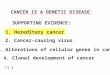 CANCER IS A GENETIC DISEASE SUPPORTING EVIDENCE: 1. Hereditary cancer 2. Cancer-causing virus 3. Alterations of cellular genes in cancer 4. Clonal development