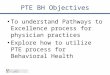 PTE BH Objectives To understand Pathways to Excellence process for physician practices Explore how to utilize PTE process for Behavioral Health
