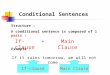 Conditional Sentences Structure : A conditional sentence is composed of 2 parts : If-clause+Main Clause Example : If it rains tomorrow, we will not come