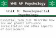 WHS AP Psychology Unit 9: Developmental Psychology Essential Task 9-8: Describe how sex and gender influence socialization and other aspects of development