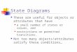 State Diagrams These are useful for objects or attributes that have a small number of states or values, and restrictions on permitted transitions. Not