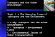 Transport and the Urban Environment Topic 1 – The Emerging Issue of Transport and the Environment A – Why Transport and the Urban Environment? B – Transport