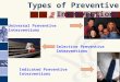 Types of Preventive Interventions Indicated Preventive Interventions Universal Preventive Interventions Selective Preventive Interventions