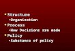 Structure Structure OrganizationOrganization Process Process How Decisions are madeHow Decisions are made Policy Policy Substance of policySubstance of
