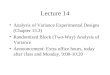 Lecture 14 Analysis of Variance Experimental Designs (Chapter 15.3) Randomized Block (Two-Way) Analysis of Variance Announcement: Extra office hours, today