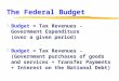 Chapter 5 -- The Federal Budget zBudget = Tax Revenues - Government Expenditure (over a given period) zBudget = Tax Revenues - (Government purchases of