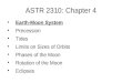 ASTR 2310: Chapter 4 Earth-Moon System Precession Tides Limits on Sizes of Orbits Phases of the Moon Rotation of the Moon Eclipses