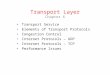 Transport Layer Chapter 6 Transport Service Elements of Transport Protocols Congestion Control Internet Protocols – UDP Internet Protocols – TCP Performance