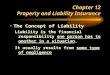 Chapter 12 Property and Liability Insurance The Concept of Liability Liability is the financial responsibility one person has to another in a situation