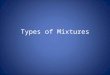 Types of Mixtures. Solutions Solutions are homogeneous mixtures made up of two components. The part of the solution that does the dissolving is called