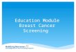 Education Module Breast Cancer Screening.  Breast Cancer Facts  Risk Factors  Be Breast Aware  Breast Screening  Cervical Screening  Colorectal