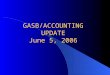 GASB/ACCOUNTING UPDATE June 5, 2006. Overview GASB – New Statements – Current Agenda Projects – Practice Issues – Research Projects Other – New Auditing