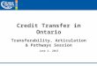Credit Transfer in Ontario Transferability, Articulation & Pathways Session June 2, 2013