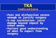 TKA Indications Pain and disfunction severe enough to justify surgery Pain and disfunction severe enough to justify surgery X-ray correlation: joint damage