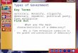 Section 3 Introduction-1 Types of Government Key Terms autocracy, monarchy, oligarchy, democracy, republic, political party, free enterprise Find Out Why